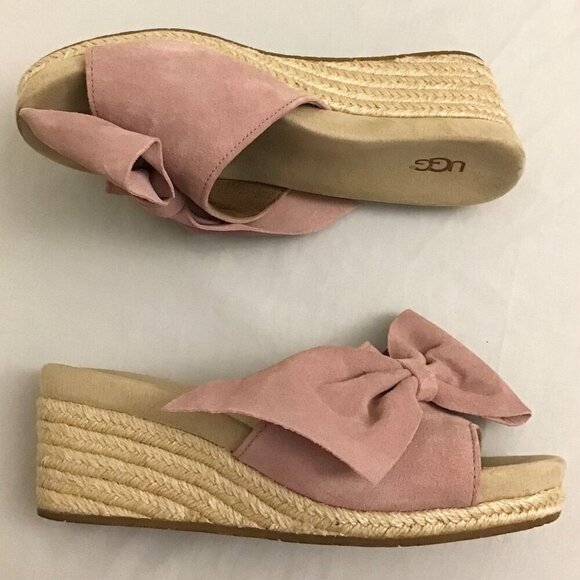 UGG 8.5 Jaycee Suede Rose Pink Bow Women’s Espadrille Wedge Sandals Shoes - Picture 9 of 12